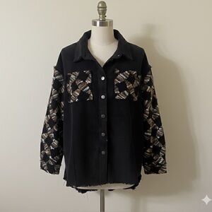 POL Raw Hem Ribbon Textured Shacket with Intricate Sleeve Detail Size Large